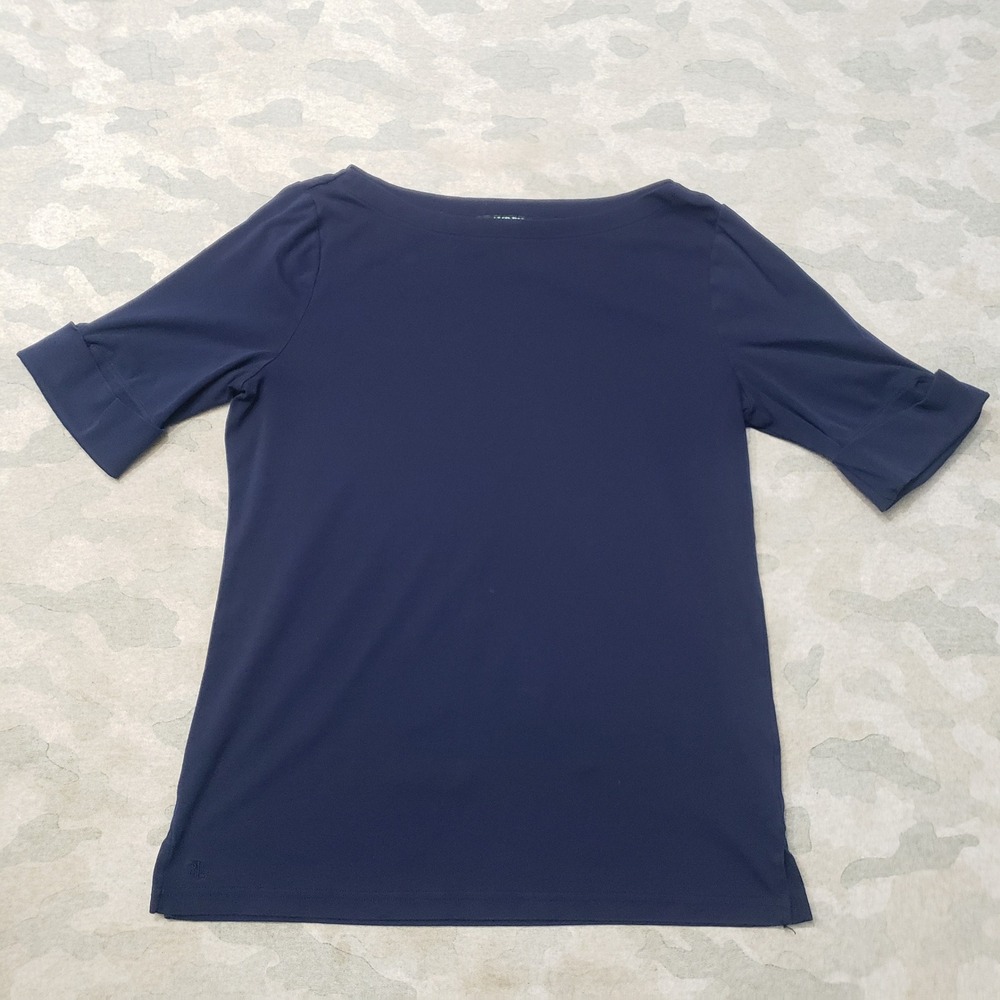 Lauren Ralph Lauren Top Womens Large Blue Boat Neck Cuffed Sleeve Minimalist